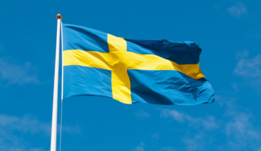 Foto på svenska flagga, blå med gult kors, mot en blå himmel