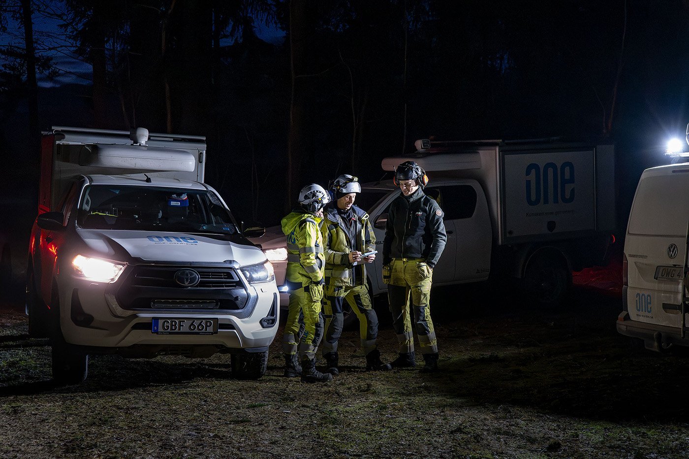 Nattjobb för One Nordics personal, som är huvuudentreprenör för Ellevios elnät i Gävleborg. Foto: Ellevio.