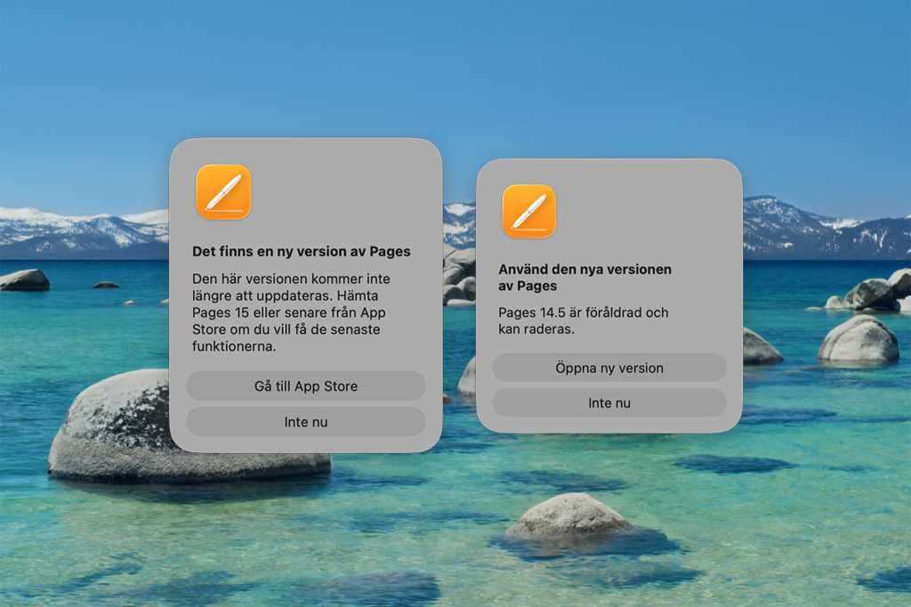 Skärmdump från Mac OS som visar popupfönster om Pages.