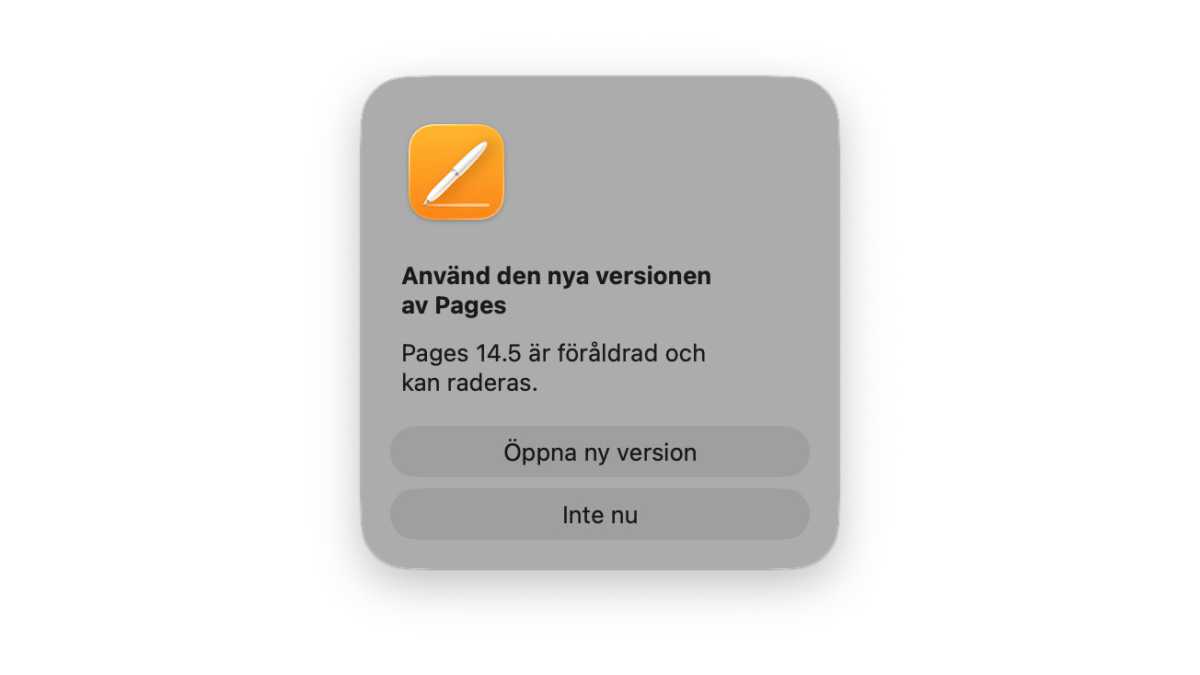 Skärmdump av popupfönster i Mac OS om Pages.
