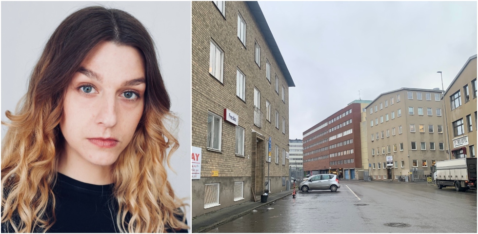 collage. till vänster: kvinna i 30-årsåldern med mörkblont hår och svart tröja. till höger: en blöt gata omgiven av tegelbyggnader, en elsparkcykel och en parkerad bil