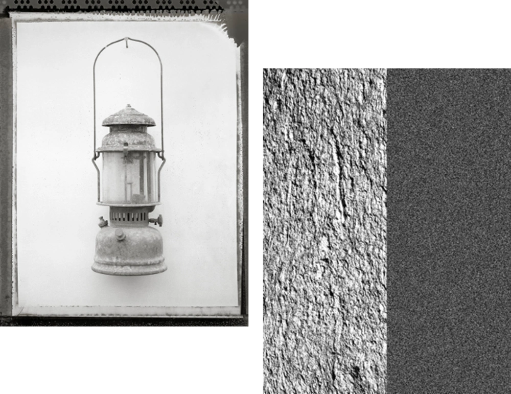 Svartvit Kollage. Till vänster en stormlampa upphängd mot ljus vägg, till höger två fält i olika gråa nyanser och strukturer.
