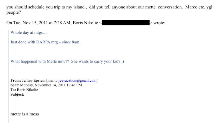 Skärmdump av ett e-postmeddelande som Boris Nikolic skickat till Jeffrey Epstein.