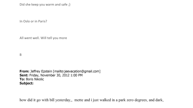Skärmdump av ett e-postmeddelande som Boris Nikolic skickat till Jeffrey Epstein.