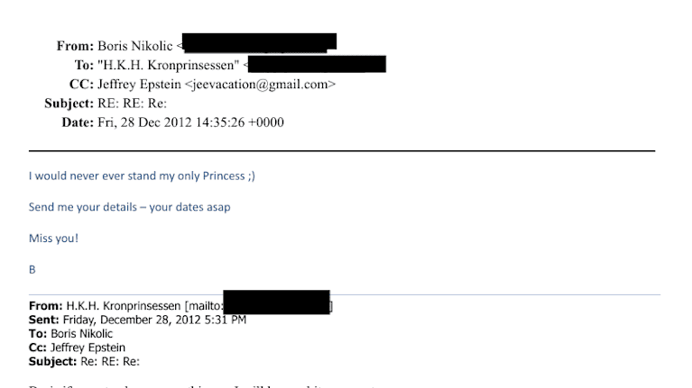 Skärmdump av e-postmeddelanden mellan Boris Nikolic, Jeffrey Epstein och Mette-Marit. 