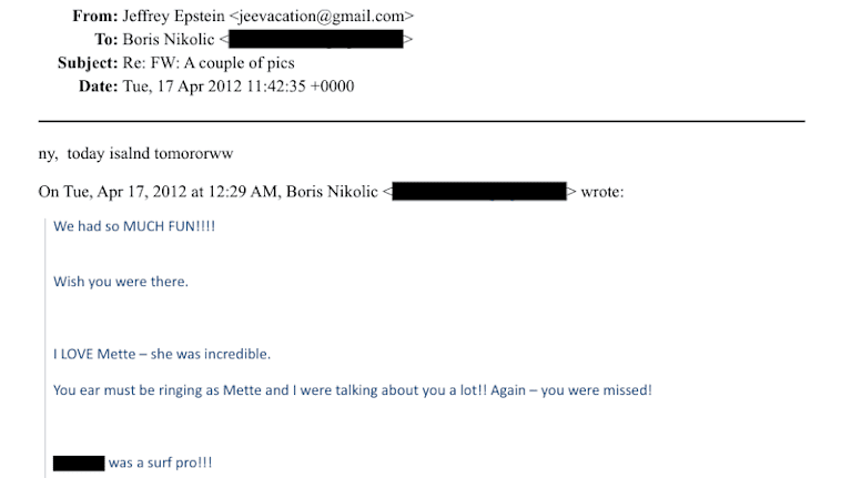 Skärmdump av ett e-postmeddelande skickat till Jeffrey Epstein.