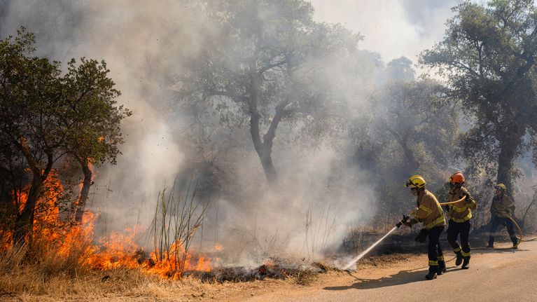 Brandmän släcker en brand i Katalonien, Spanien.
