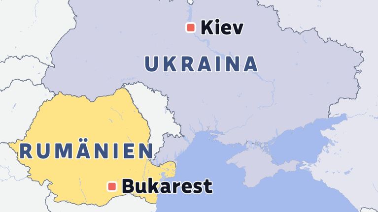 En karta över Rumänien, Ukraina och Ryssland. Bukarest och Kiev är utpekade.