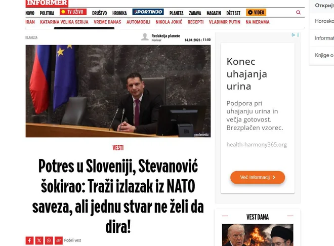 Srbski Informer o Zoranu Stevanoviću. FOTO: Zaslonski Posnetek