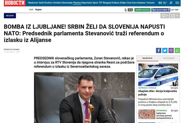 Srbske Novosti o Zoranu Stevanoviću. FOTO: Zaslonski Posnetek