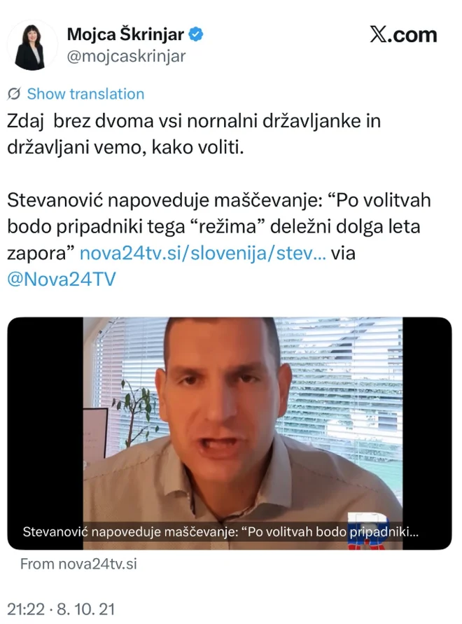 Objava na omrežju X. FOTO: Posnetek Zaslona