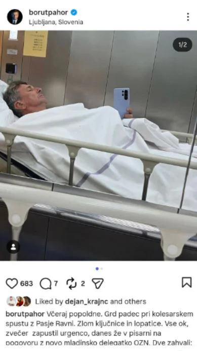 Nekdanji predsednik ima zlomljeno ključnico in lopatico. FOTO: Zaslonski Posnetek Instagram
