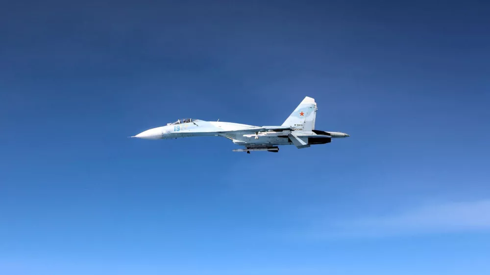 A Russian Su-27, flies over the Black Sea alongside an RAF Rivet Joint aircraft (not pictured) in April 2026. RAF/Handout via REUTERS  THIS IMAGE HAS BEEN SUPPLIED BY A THIRD PARTY.