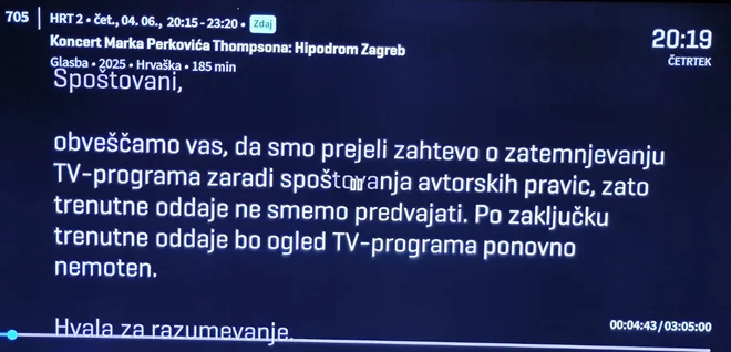 Obvestilo o zatemnitvi programa HRT 2 FOTO: Zaslonski Posnetek Omrežje X