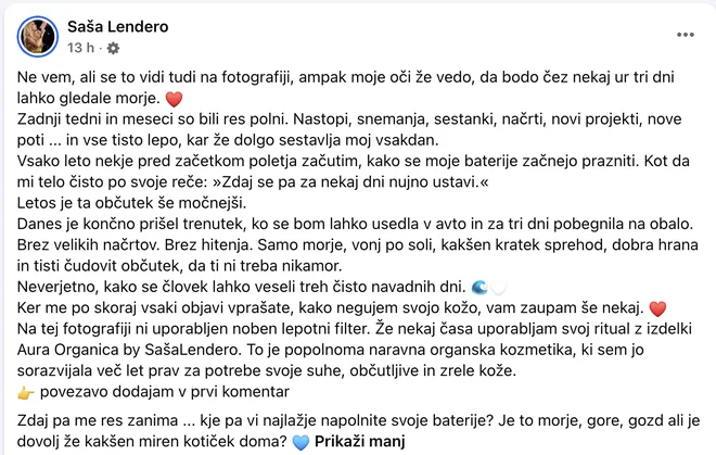 Objava na Facebooku. FOTO: Posnetek Zaslona