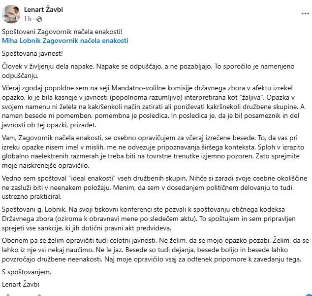 Opravičilo poslanca FOTO: Fb Lenart Žavbi