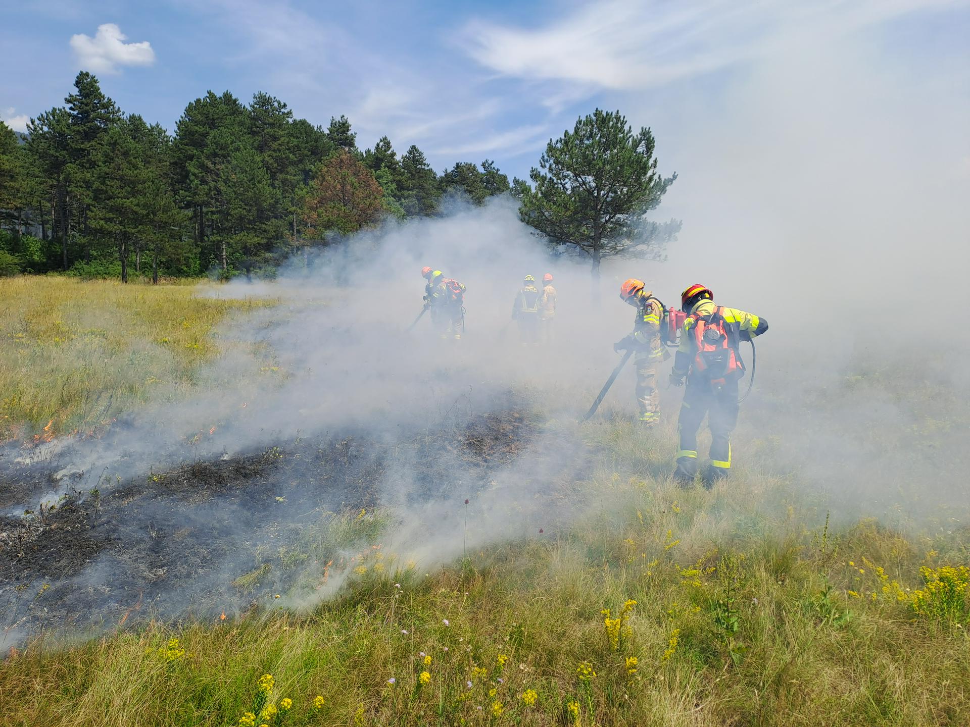 Praktične vaje potekajo ob torkih in sreda v okolici letališča Divača, zato je na območju občasno opaziti dim ter povečano prisotnost gasilskih vozil in ekip. Foto: Radio Koper Praktične vaje potekajo ob torkih in sreda v okolici letališča Divača, zato je na območju občasno opaziti dim ter povečano prisotnost gasilskih vozil in ekip. Foto: Radio Koper
