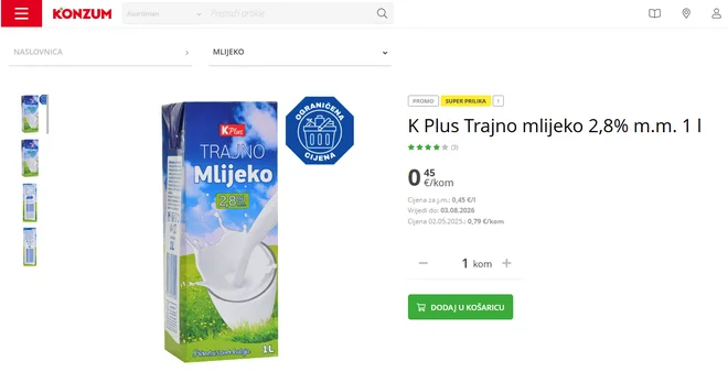 Cena mleka v Konzumovi trgovini na dan 4.8.2026. FOTO: zajem zaslona, Konzum