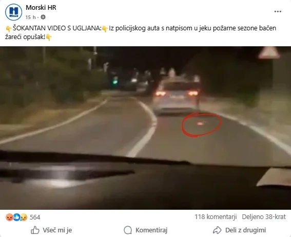 Odvrgel je cigaretni ogorek. FOTO: Facebook, zaslonski posnetek