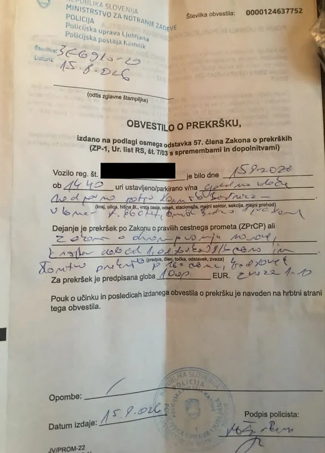 Obvestilo o prekršku FOTO: Zaslonski posnetek