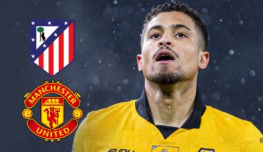 Wolves star Joao Gomes with Atletico Madrid and Man Utd badges