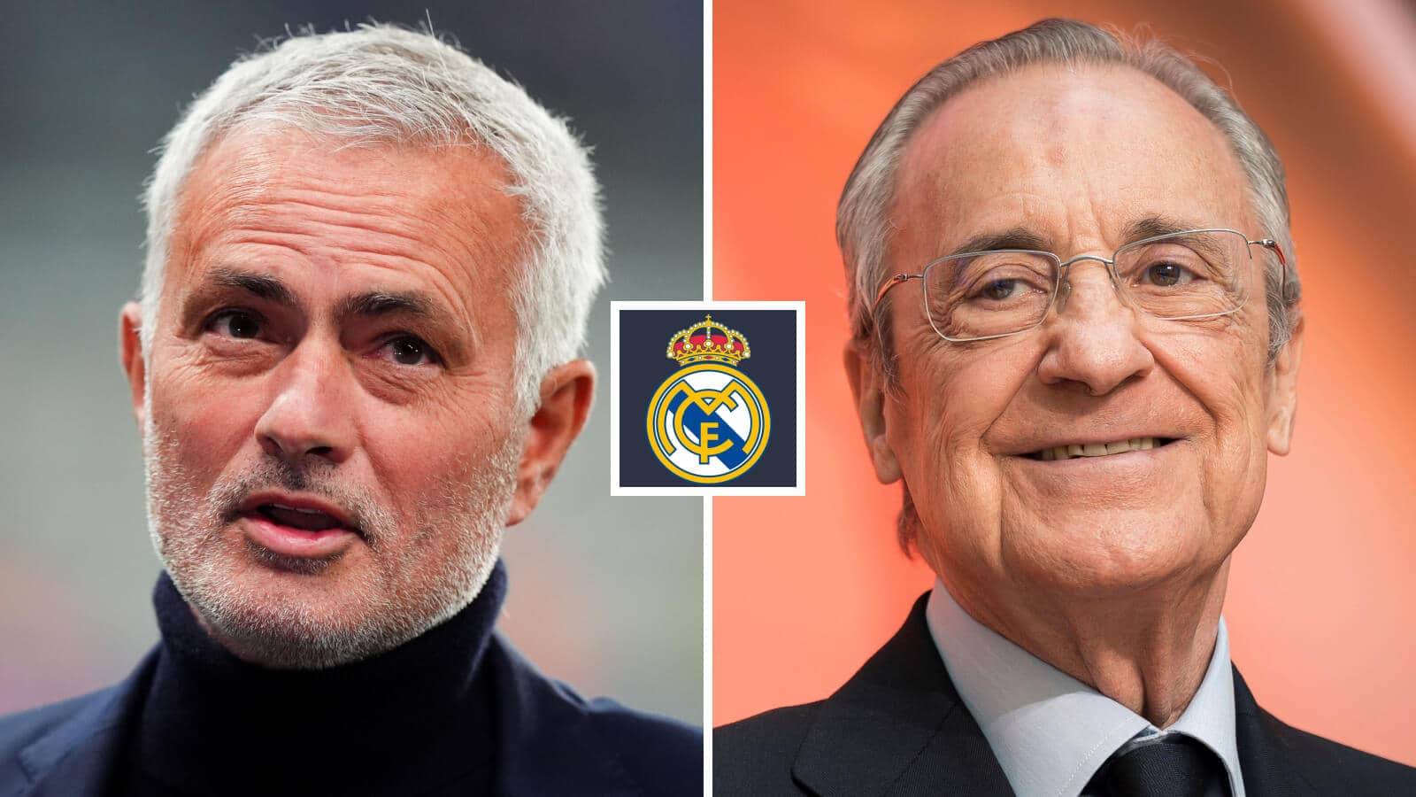 Split image of Real Madrid manager Jose Mourinho and president Florentino Perez with the Real Madrid badge in between - copyrght TEAMtalk