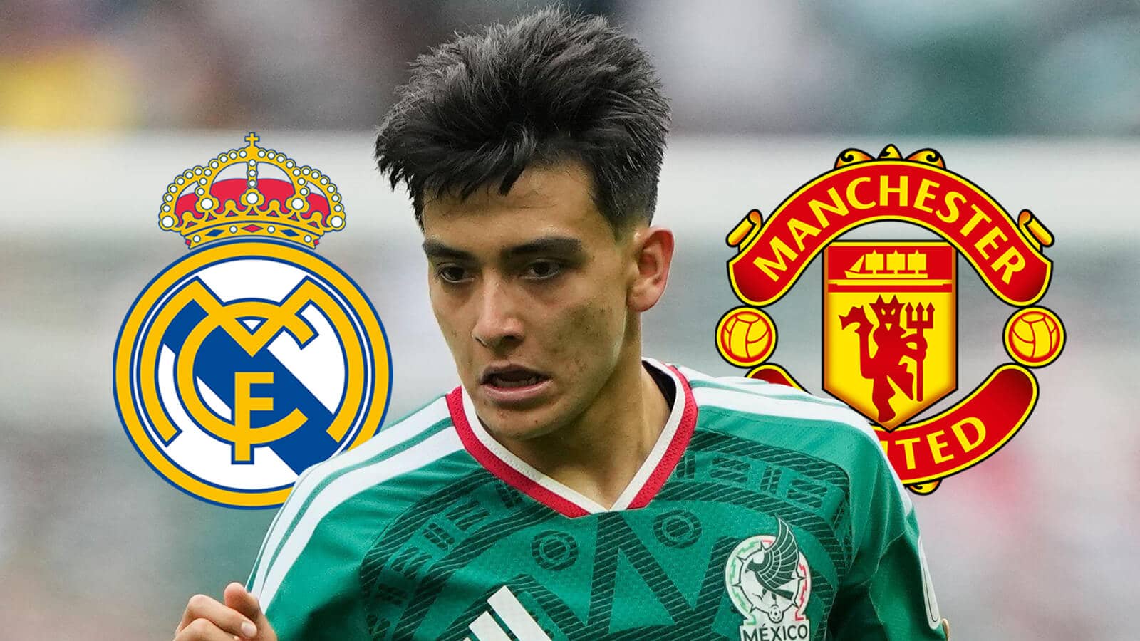 Real Madrid badge, Gilberto Mora and Manchester United badge - copyright TEAMtalk