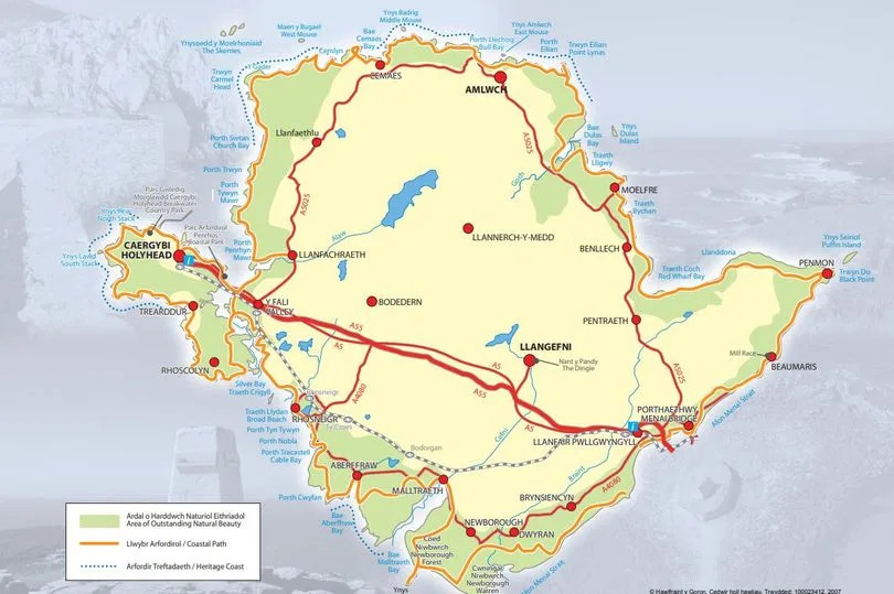 A map showing the Anglesey Area of Outstanding Natural Beauty surrounds the entire island