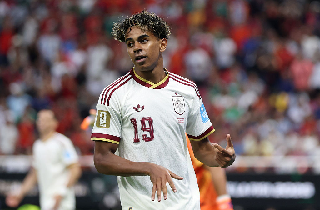 ZAPOPAN, MEXICO - JUNE 26: Lamine Yamal #19 of Spain reacts during the FIFA World Cup 2026 Group H match between Uruguay and Spain at Guadalajara Stadium on June 26, 2026 in Zapopan, Mexico. (Photo by Carl Recine/Getty Images)