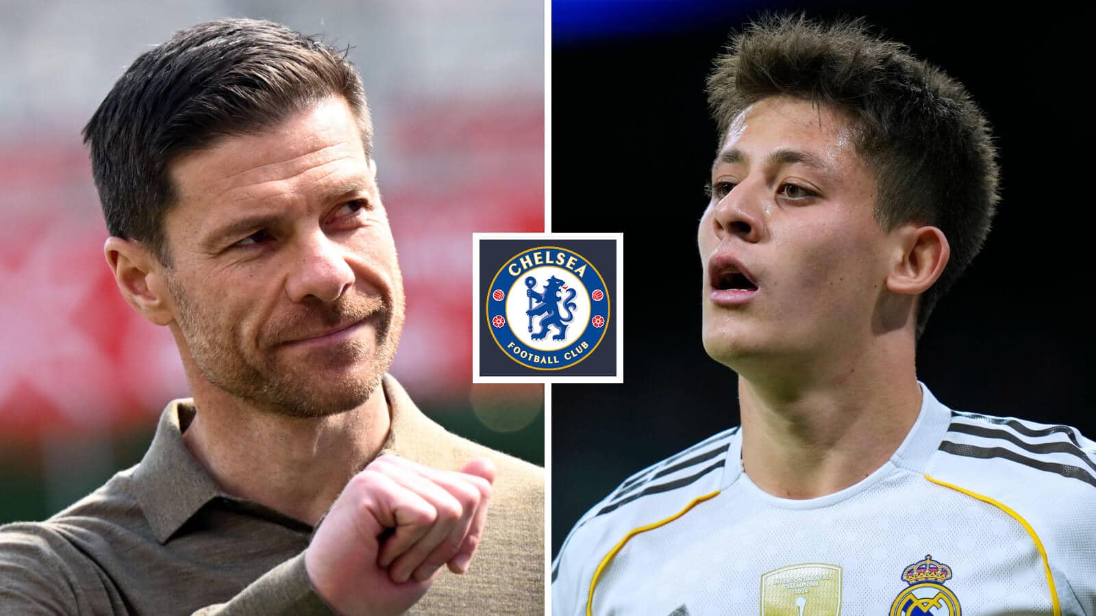 Split image of Chelsea manager Xabi Alonso and Real Madrid midfielder Arda Guler, with the Chelsea badge in between - copyright TEAMtalk