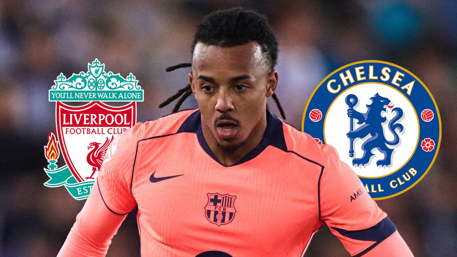Jules Kounde with Liverpool and Chelsea badges