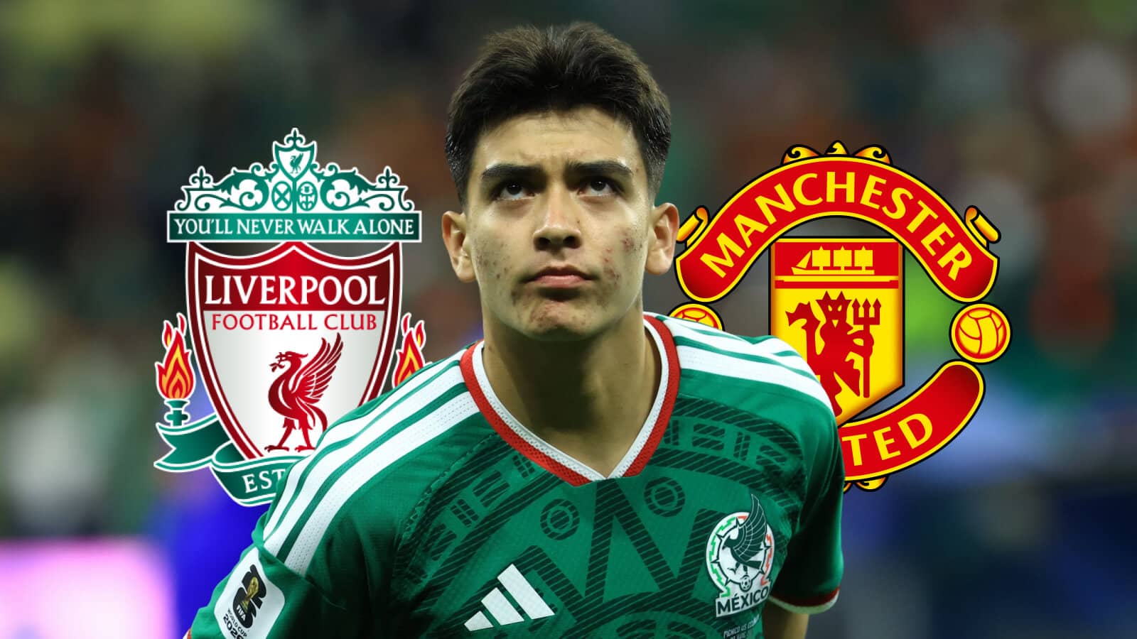 Mexico wonderkid Gilberto Mora next to the Liverpool and Manchester United badges
