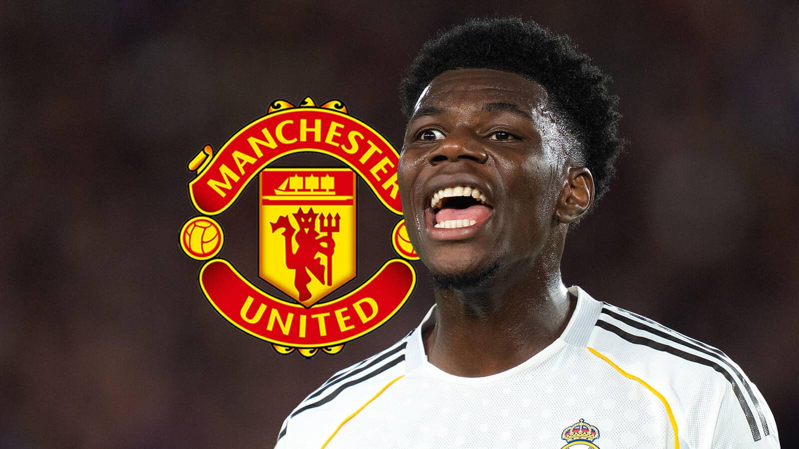 Manchester United badge next to Real Madrid midfielder Aurelien Tchouameni - copyright TEAMtalk
