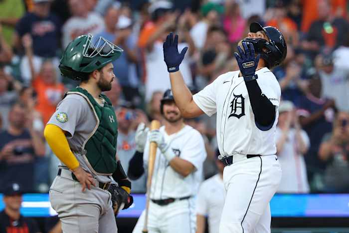 Valencia homers in 1st career plate appearance in the Tigers' 4-1 victory over the A's