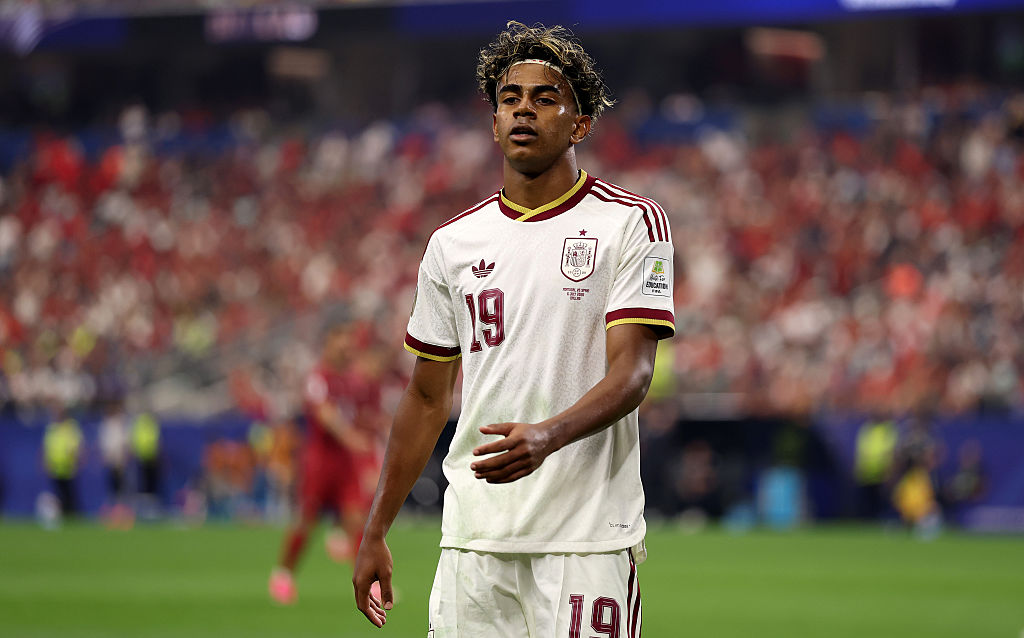 ARLINGTON, TEXAS - JULY 06: Lamine Yamal #19 of Spain looks on during the FIFA World Cup 2026 Round Of 16 match between Portugal and Spain at Dallas Stadium on July 06, 2026 in Arlington, Texas. (Photo by Lars Baron/Getty Images)