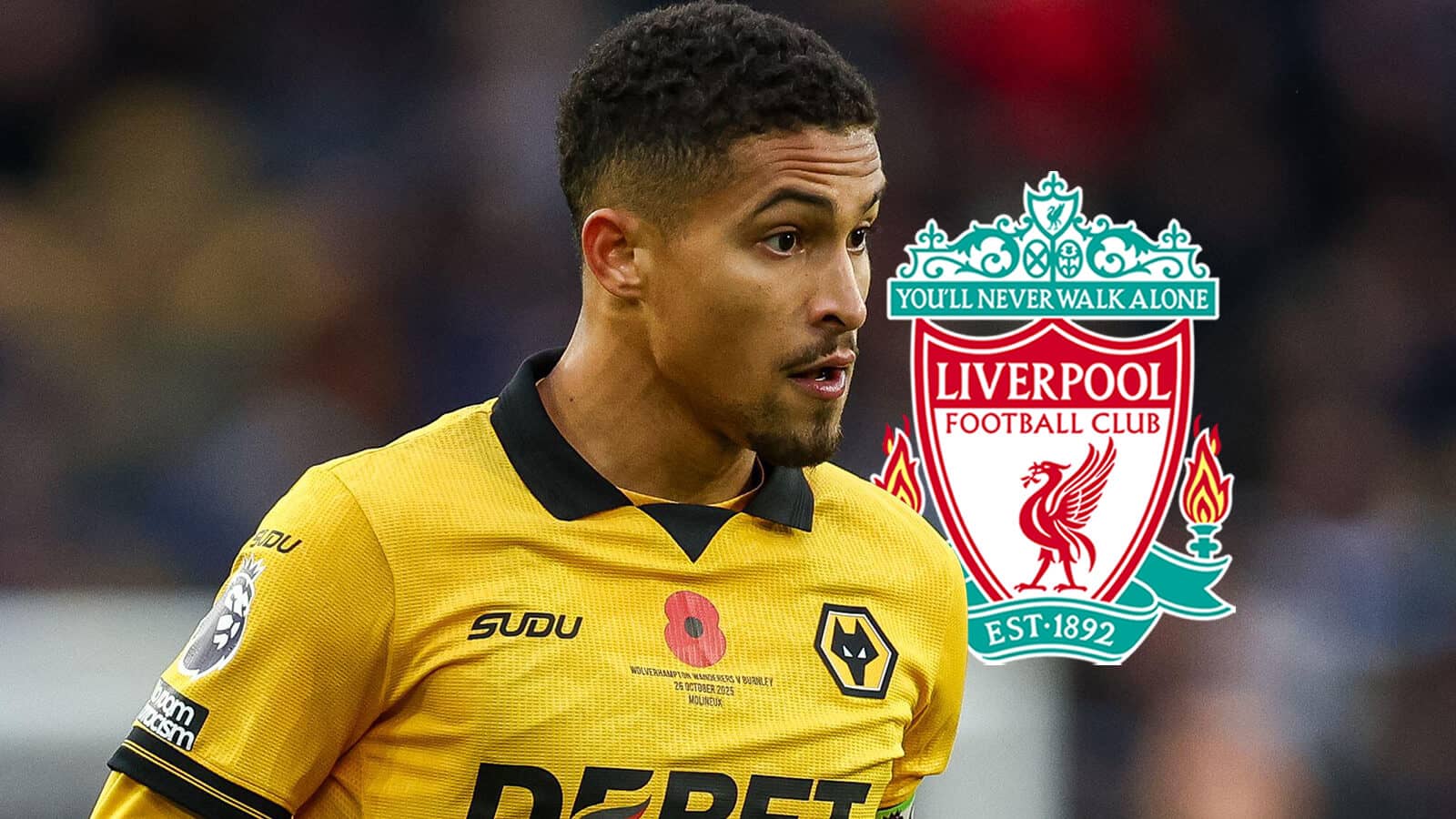 Wolves midfielder Joao Gomes next to the Liverpool badge - copyright TEAMtalk