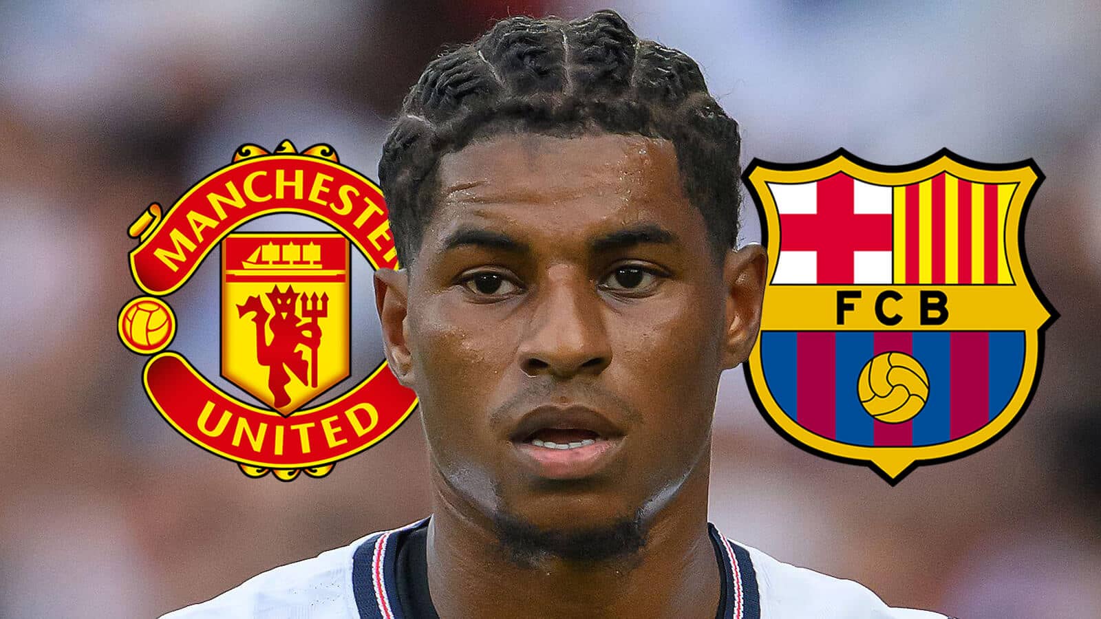 Manchester United badge, Marcus Rashford and Barcelona badge - copyright TEAMtalk