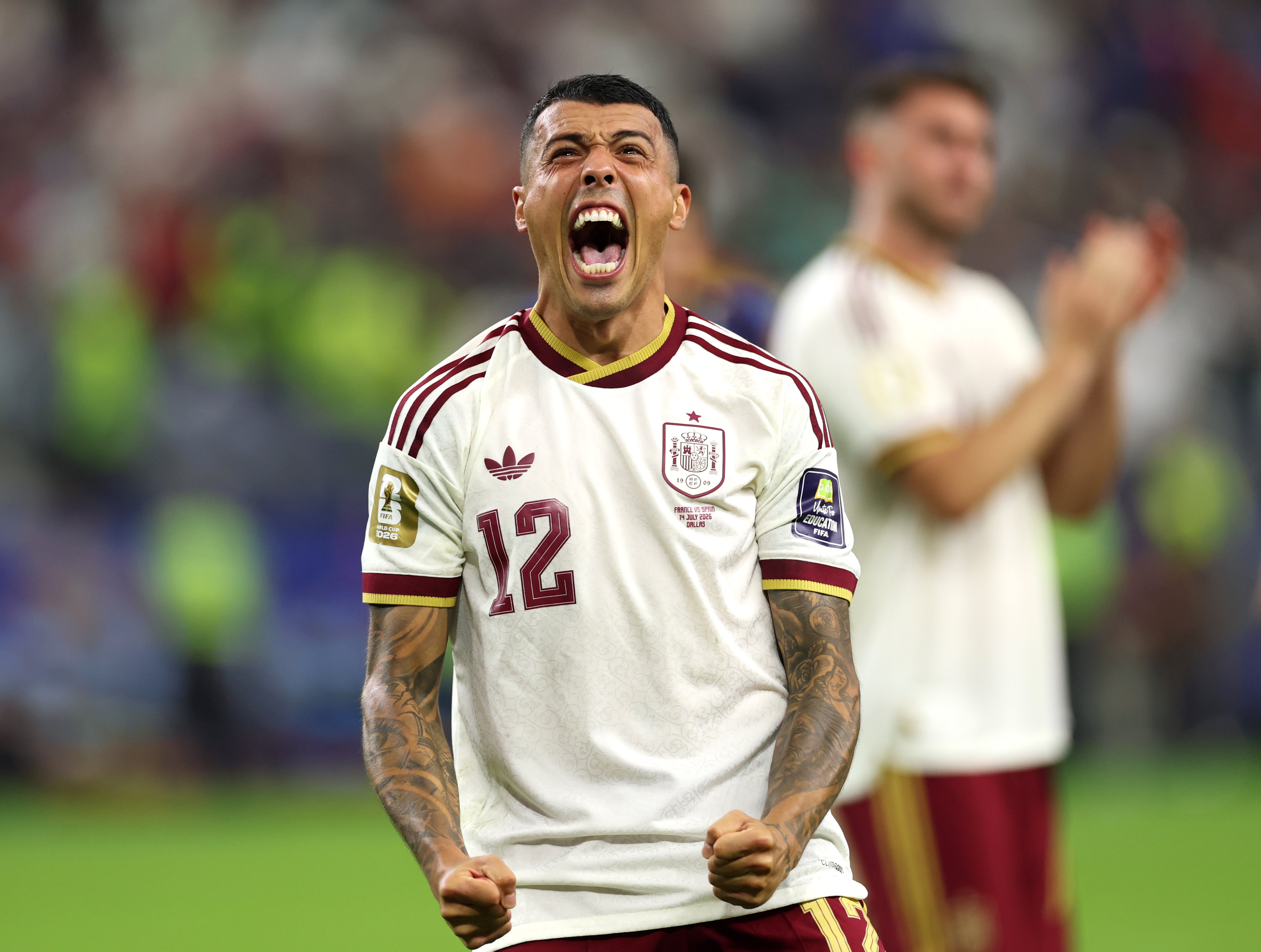 Pedro Porro of Spain celebrates after the 2-0 victory