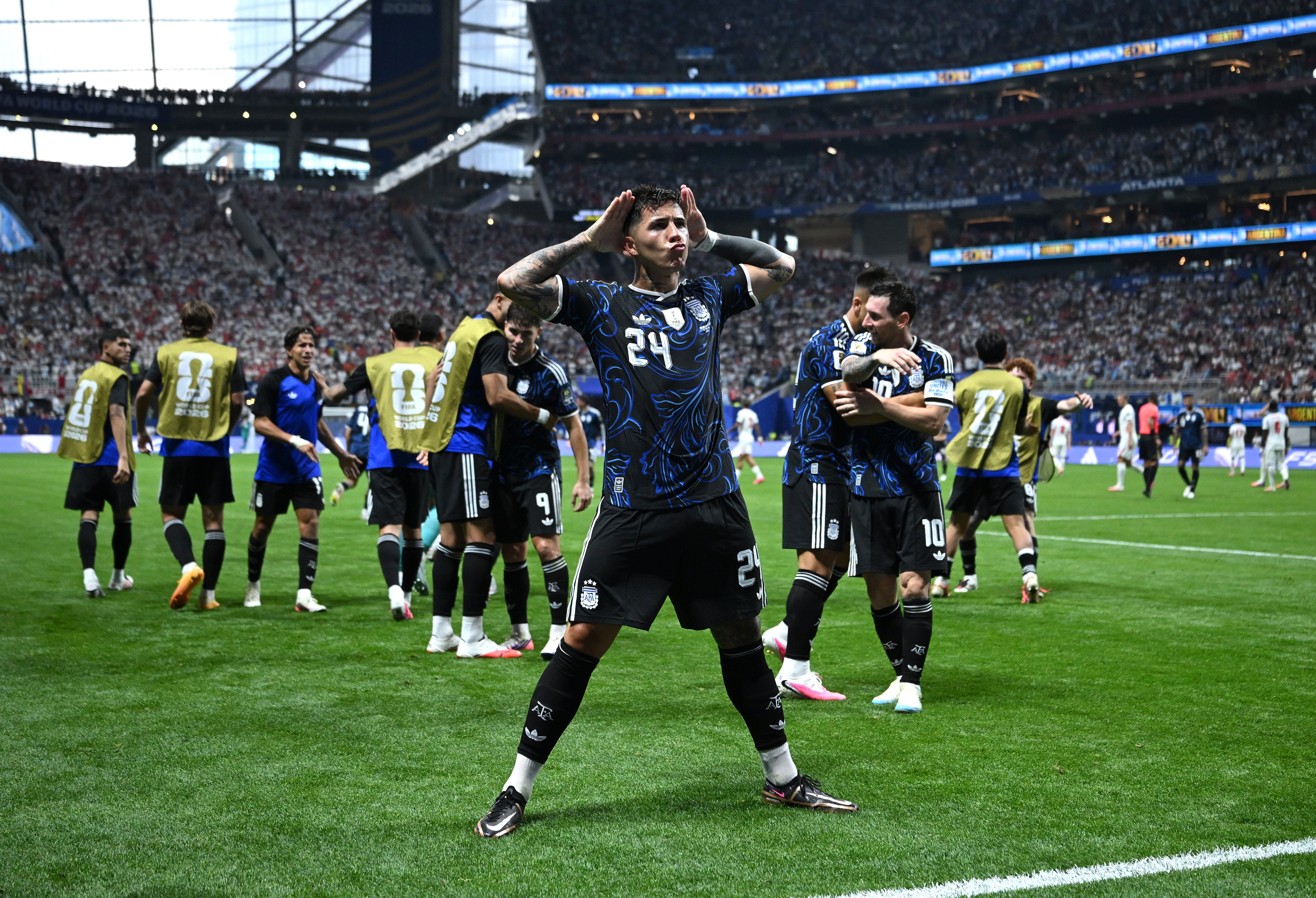 Enzo Fernandez of Argentina celebrates scoring against England