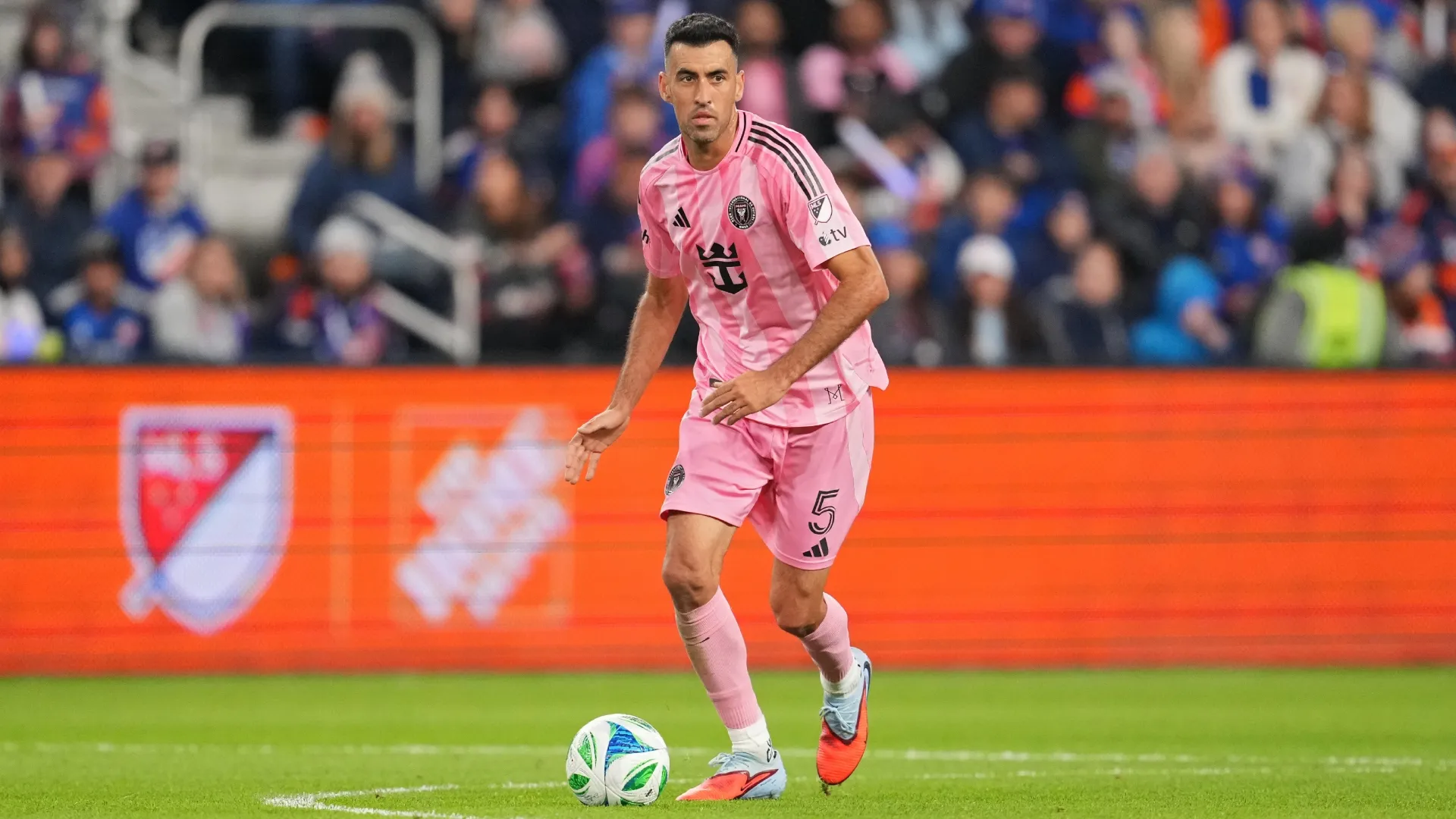 Sergio Busquets #5 of Inter Miami controls the ball during an MLS Cup Conference Semifinal match.