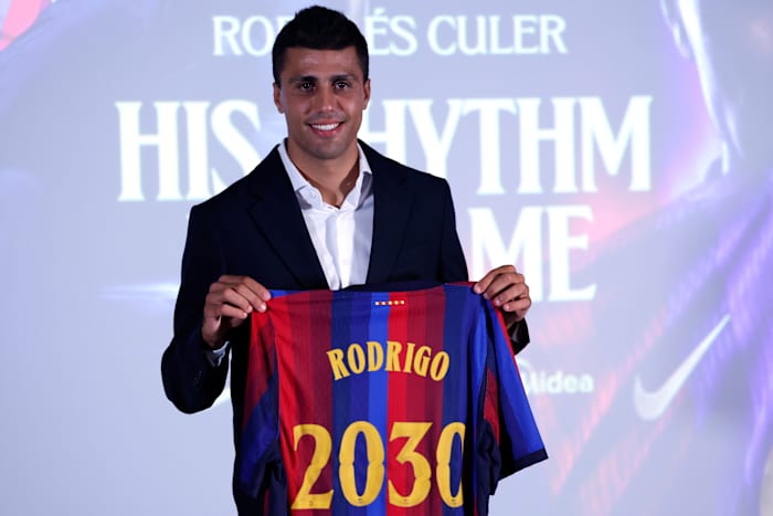 Rodri arrives hailing Barcelona's soccer values after a 'tough decision' to leave Man City