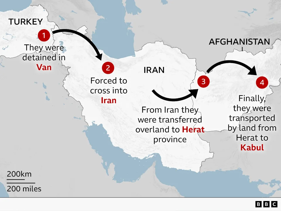 A BBC map shows the migrants' journey from Van, the closest Turkish city to the Iranian border, to Afghan capital Kabul. It says: (1) They were detained in Van (2) Forced to cross into Iran (3) From Iran they were transferred overland to Herat province (4) Finally, they were transported by land from Herat to Kabul