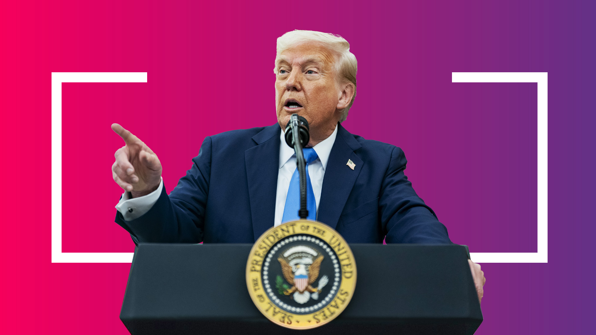 Donald Trump speaking at a podium.