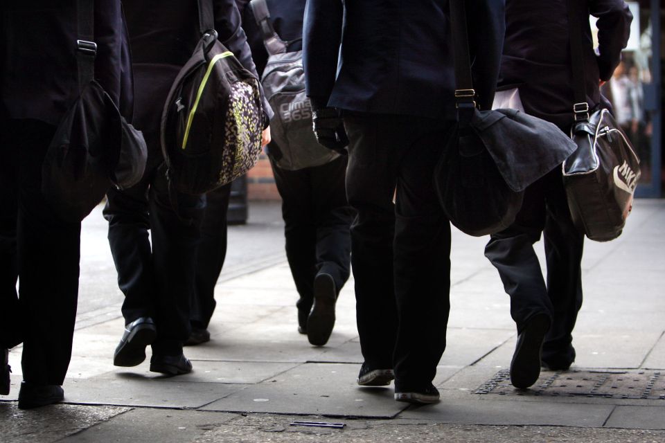 Rear view of school children walking away from the camera.