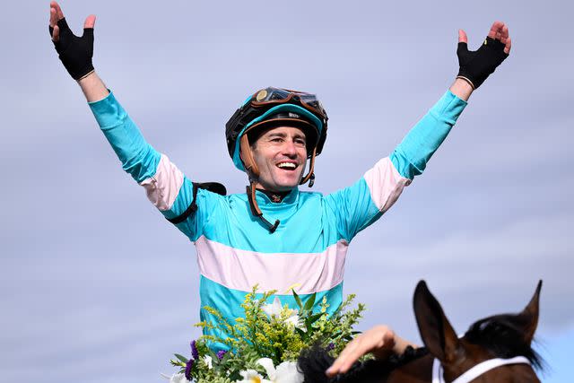 Orlando Ramirez/Getty Flavien Prat celebrates after winning the Breeders' Cup Filly and Mare Turf race on day two of the 2024 Breeders' Cup World Championships on November 2, 2024 in Del Mar, California.