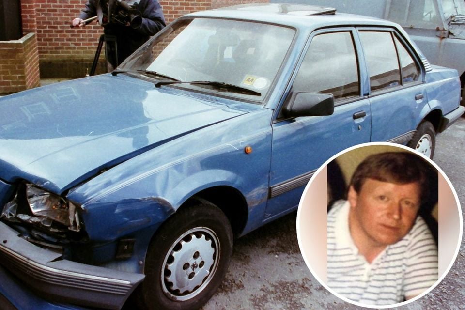 Mr O’Hara’s taxi at Dunmurry RUC station after his murder by loyalists gunmen in April 1991. Inset: John O’Hara