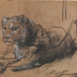 A big, and possibly very expensive drawing of a leashed lion.