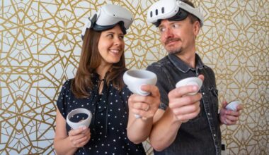 Julie Pifher Cawood and Michael Cawood wear their virtual reality Meta Quest gear needed to play their new VR game set to release in the upcoming weeks. April 9, 2025 Katherine Quezada/The Signal