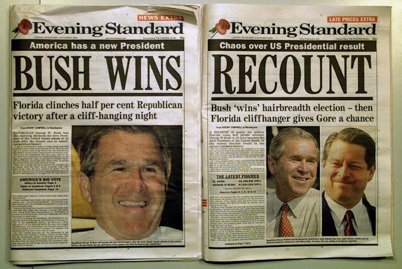 Two newspaper pages: "Bush Wins" headline on left; "Recount" headline on right with Bush and Gore pictured