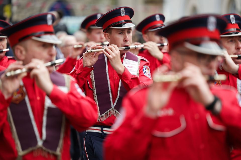 Press Eye - Belfast - Northern Ireland - 21st April 2025 General view of the main Apprentice Boys of Derry parade as it makes its way through the centre of Lisburn. Over 50 bands joined the main parade as it made its way through the County Antrim town. Photo by Kelvin Boyes  / Press Eye. 